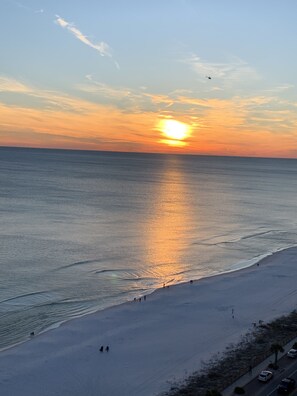 På stranden, solsenger, strandhåndklær og strandbar