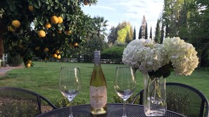 Taula amb una ampolla de vi blanc, dues copes de vi buides i un ram d'un vas amb flors blanques, situada a l'exterior amb un jardí i arbres al fons.