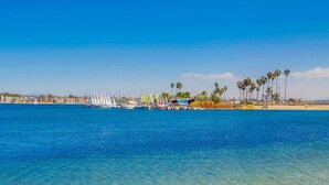 A coastal scene with a clear blue sky, a sandy beach, and a row of tall palm trees. - Rockaway Oceanfront 2 | Lg Terrace- 4BR (San Diego)