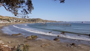 A beach with a pier extending into calm waters, surrounded by hills and a residential area. - FULL OCEAN VIEW!!! 3 minute walk to beach, WiFi, Dogs welcomed upon approval (Cayucos)