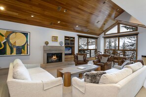 Smart TV, fireplace, DVD player, books