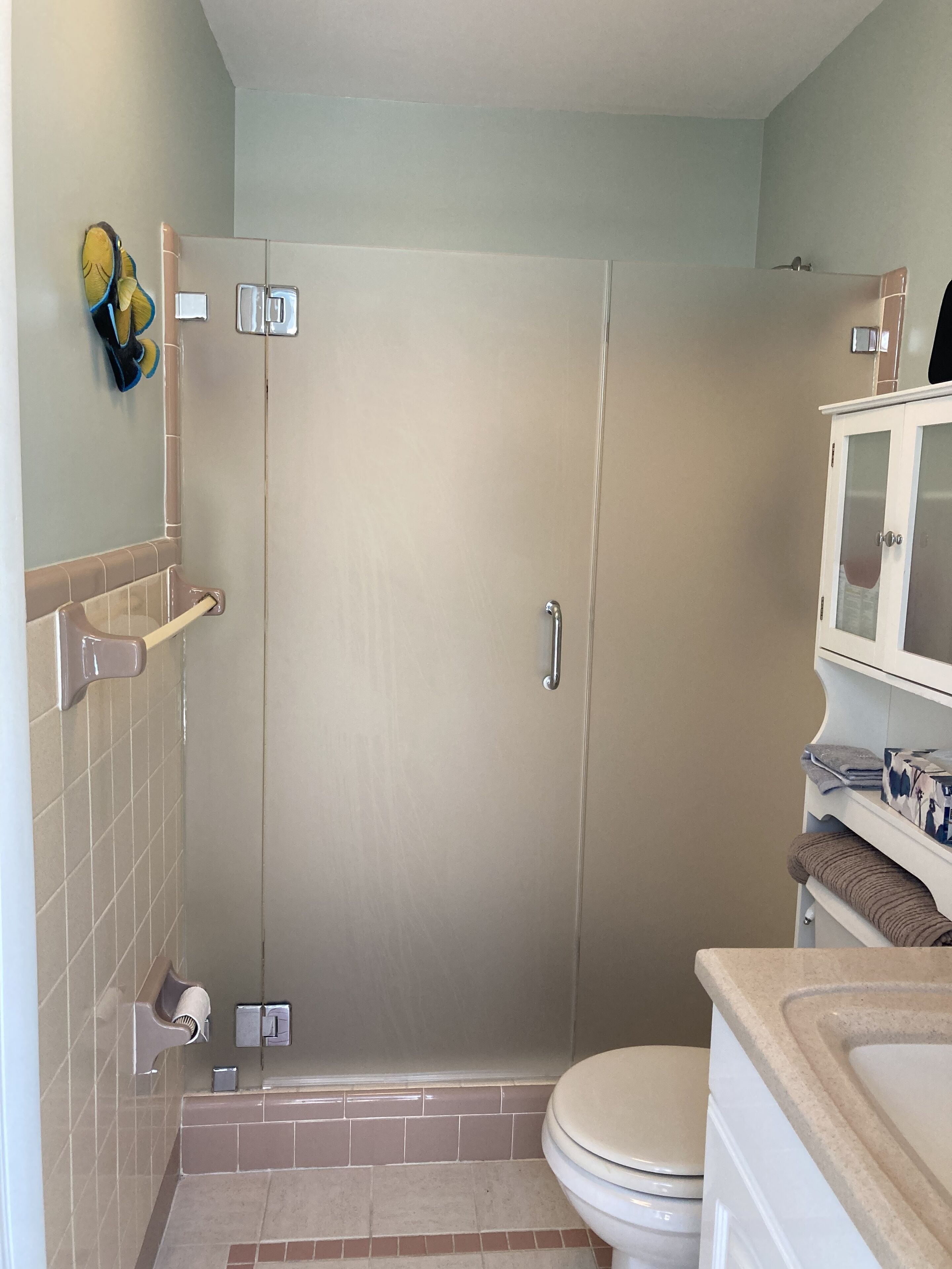 A bathroom with a shower, toilet, and a cabinet with toiletries.
