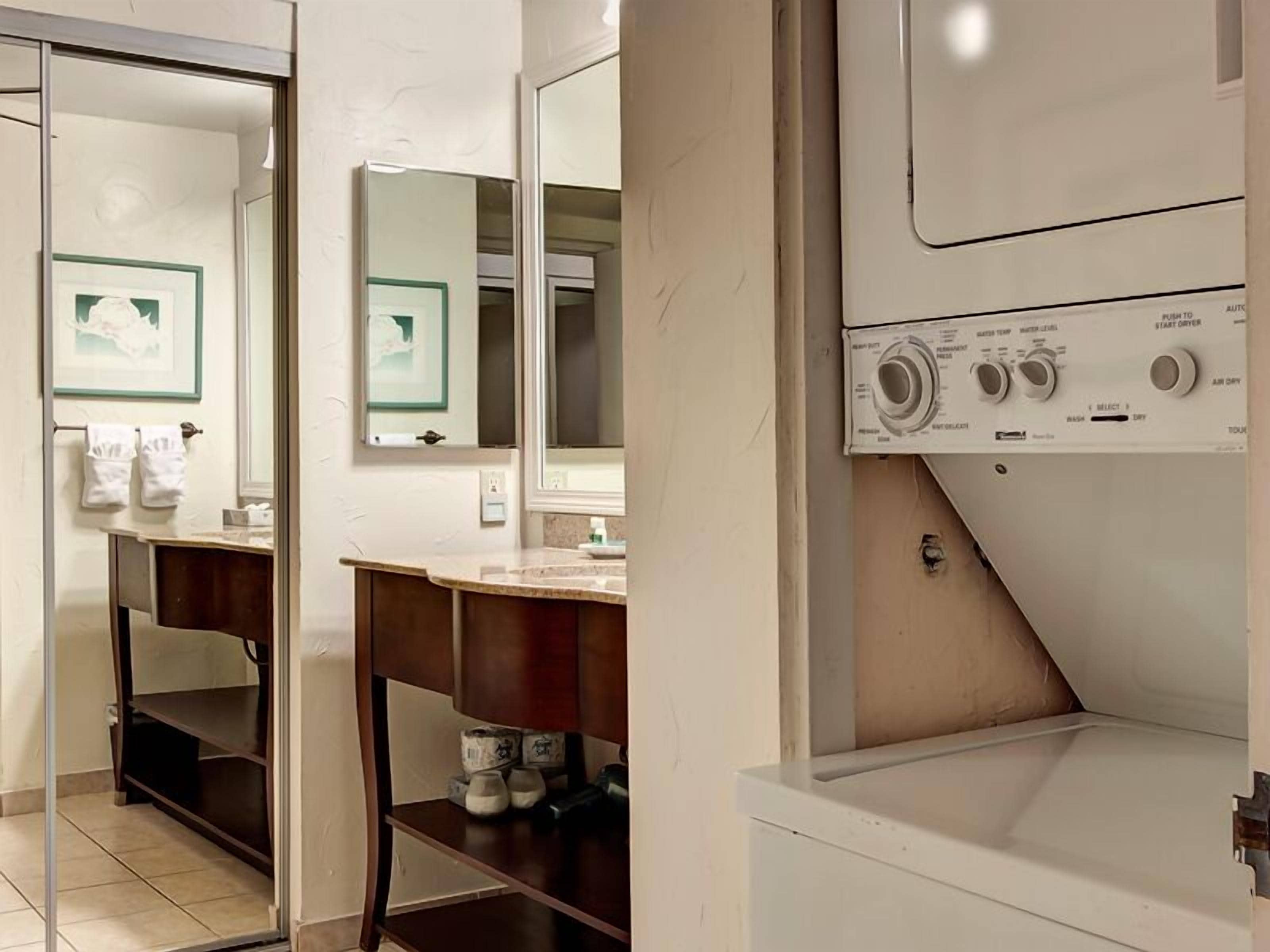 Hair dryer, towels, soap, shampoo