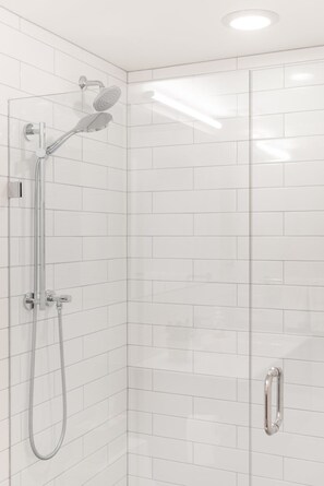 Shower, eco-friendly toiletries, hair dryer, towels