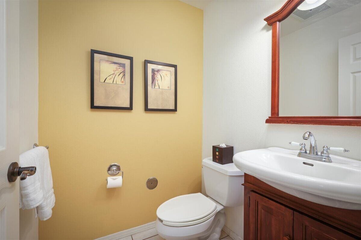 Combined shower/tub, hair dryer, towels, soap