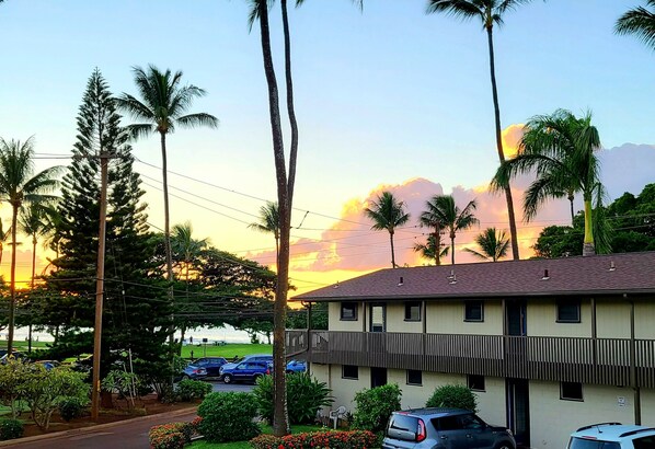 A building with a flat roof and a balcony, surrounded by palm trees and parked cars. - 2 Bedroom Vacation Condo - West Maui - Great Location! (Lahaina)