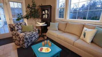 TV, fireplace, books