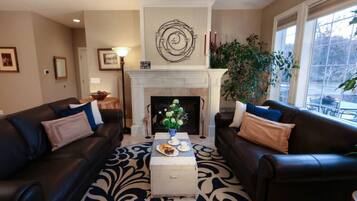 Televisión, chimenea y libros