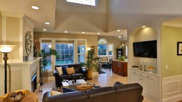 Televisión, chimenea y libros