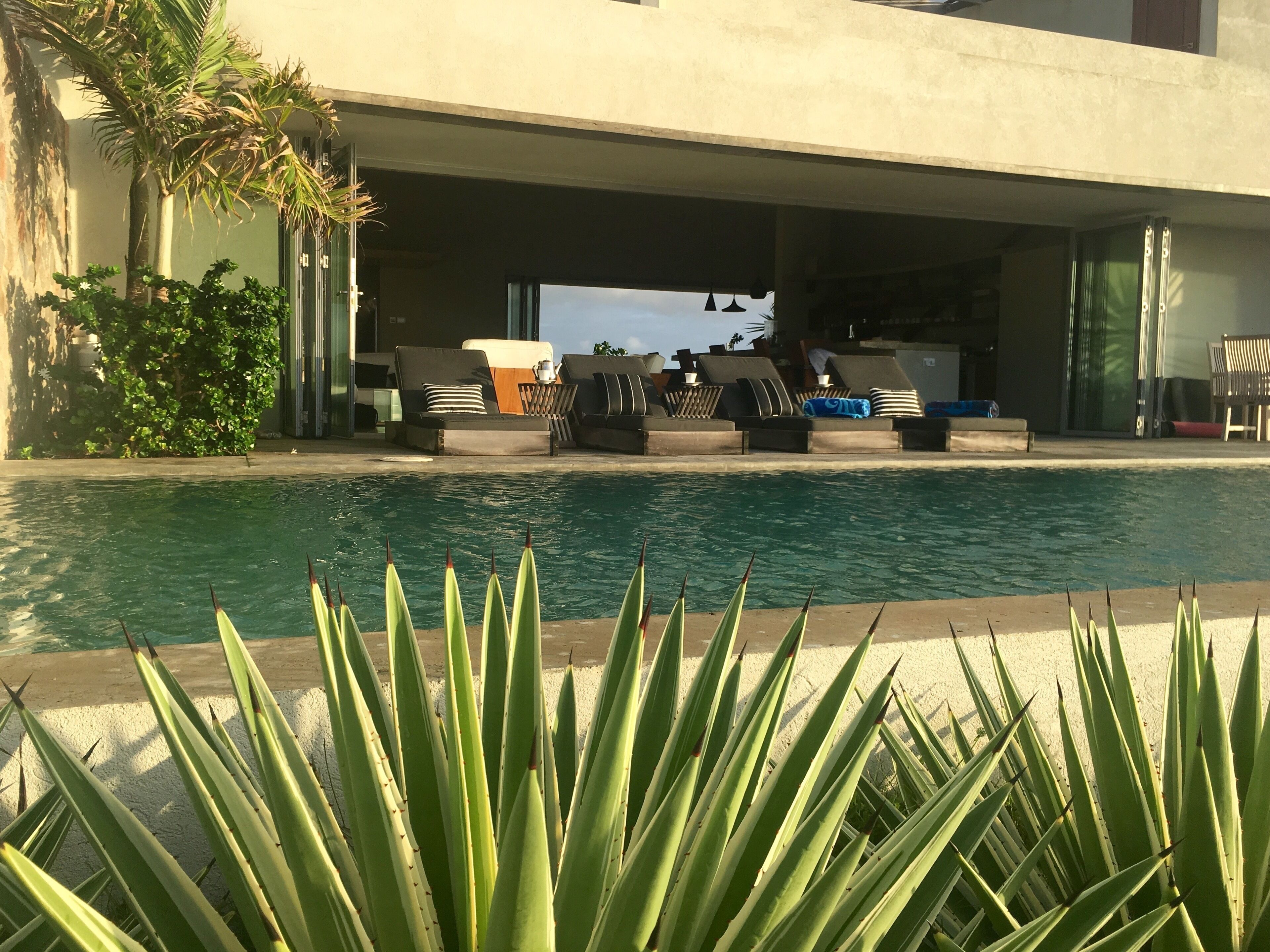 Zona junto a la piscina con sillas de descanso y vista al agua.