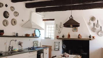 Frigorifero, piano cottura, pentole/stoviglie/utensili, tavolo da pranzo