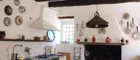 Frigorifero, piano cottura, pentole/stoviglie/utensili, tavolo da pranzo