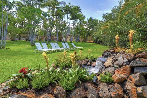 A lush garden with a small waterfall, palm trees, and two lounge chairs.