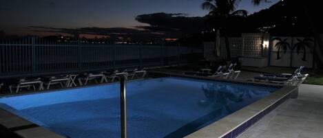 A swimming pool with lounge chairs and a fence, surrounded by palm trees and a night sky.