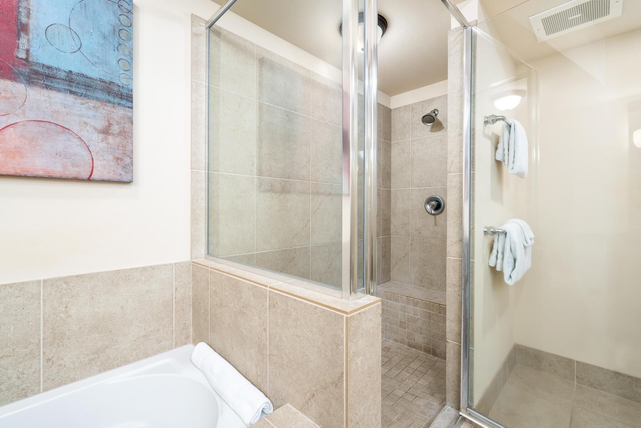 Hair dryer, towels, soap, shampoo