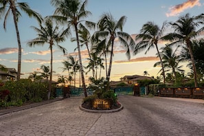Enter the tranquil world of Hawaii Kai, where palm trees line a paved walkway to a gated entrance.
