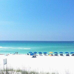 A beach with white sand and clear blue water. There are several umbrellas and beach chairs along the shore. - 5* Spacious Home w/Private Pool & Beach 
Close to everything (Miramar Beach)