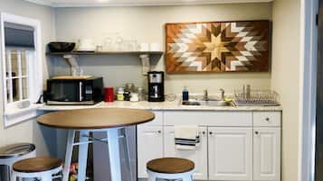Fridge, microwave, coffee/tea maker, electric kettle