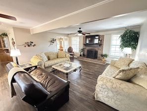 Smart TV, fireplace, video games, DVD player