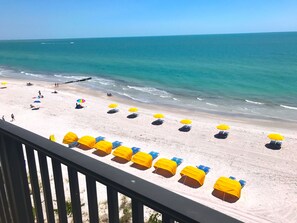 A beach with rows of yellow umbrellas and blue lounge chairs.