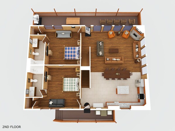 A 2nd floor layout with a dining area, kitchen, and two bedrooms with attached bathrooms. - A Heavenly View ~ 6 BR Indoor Pool Cabin ~ Sleeps 28 ~ Incredible Views! (Sevierville)