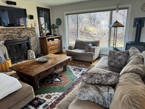 Téléviseur connecté, foyer, lecteur de DVD, livres