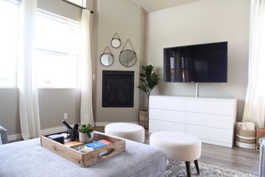 Smart TV, fireplace, video games, books