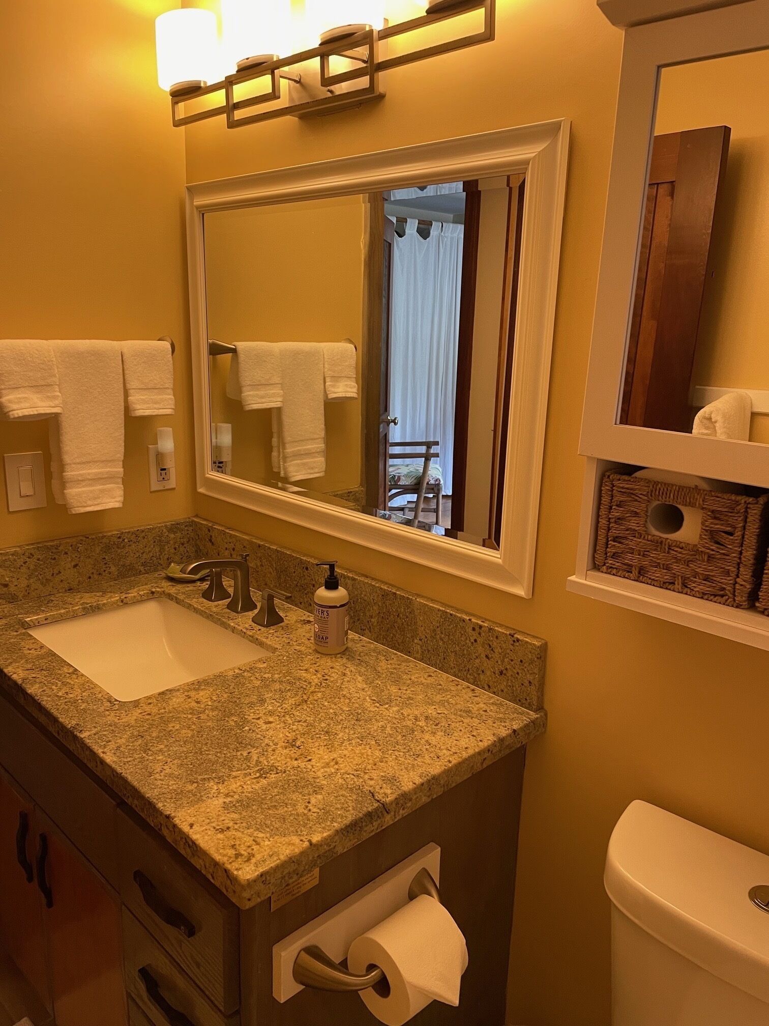 Combined shower/tub, hair dryer, towels, soap