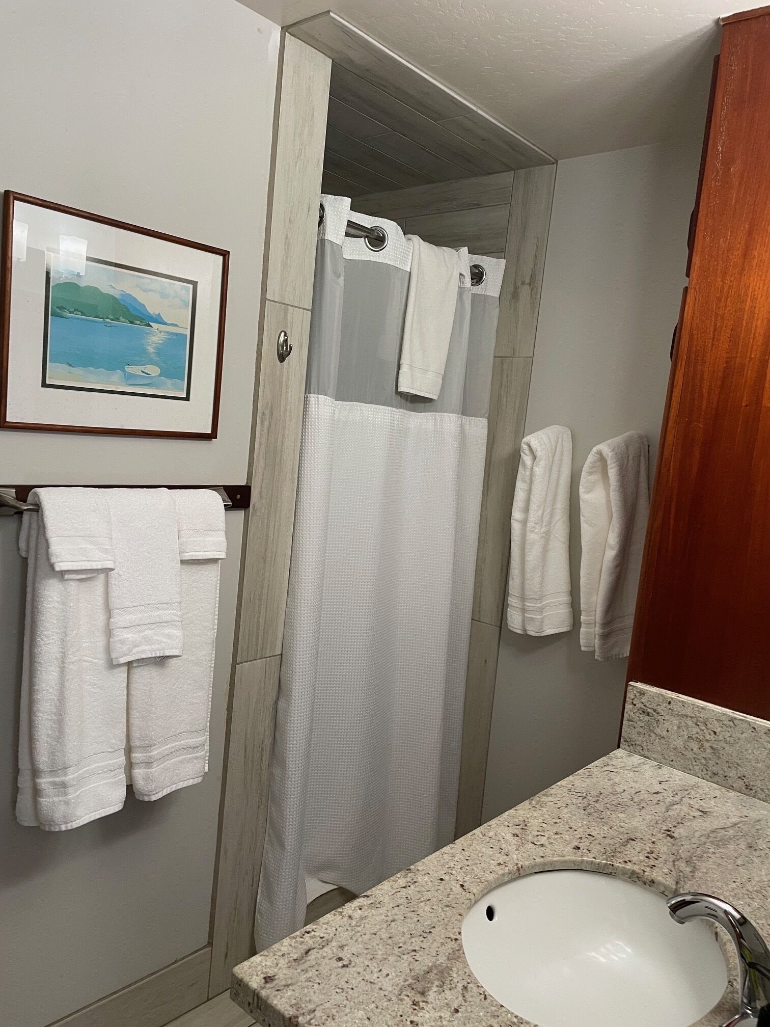 Combined shower/tub, hair dryer, towels, soap