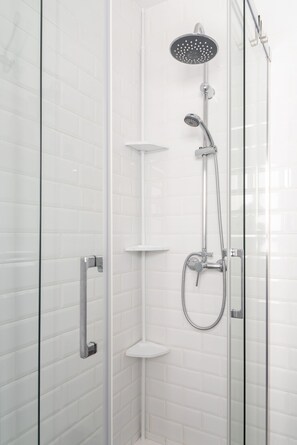 Douche, sèche-cheveux, serviettes fournies, savon