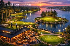 A golf course with a clubhouse and dining area, surrounded by water and trees.
