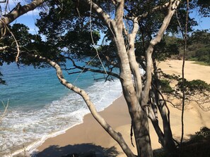 On the beach, sun loungers, beach towels