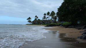 A beach with waves, a sandy shore, and a building with a roof and palm trees. - Stunning Oceanfront Retreat, Kahana Reef 218  (Lahaina)
