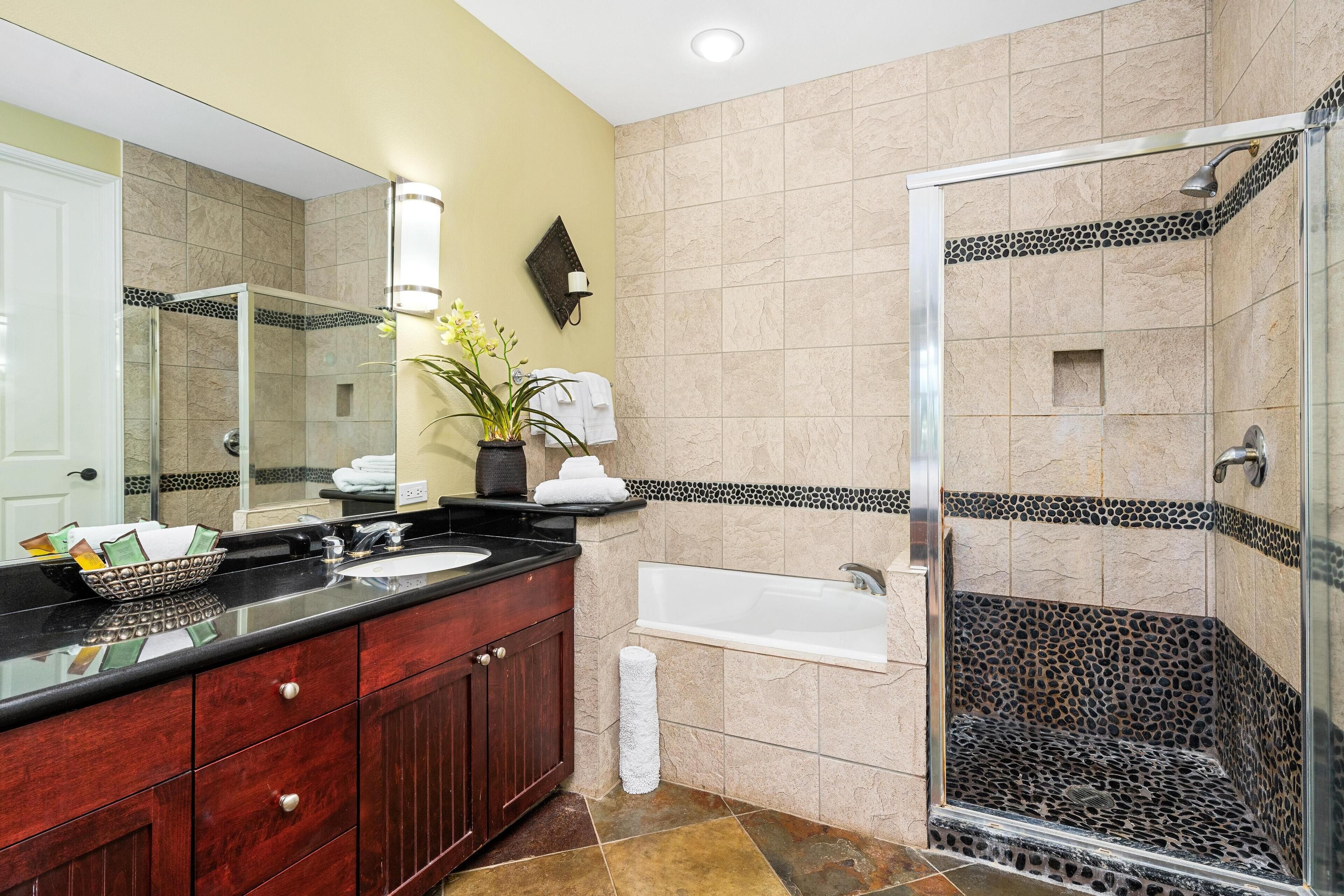 Hair dryer, towels, soap, shampoo