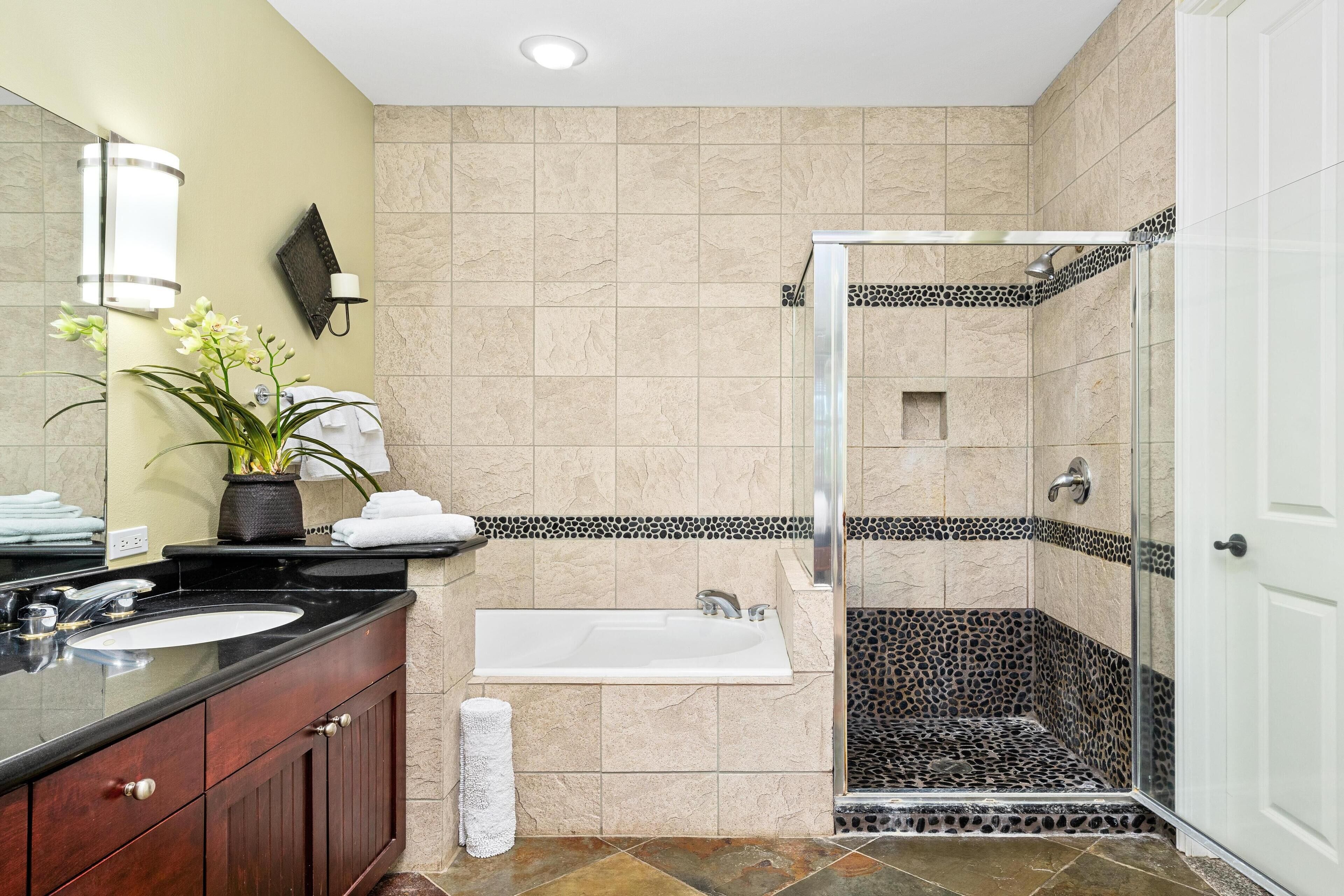 Hair dryer, towels, soap, shampoo