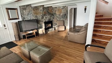 Smart TV, fireplace, books, stereo