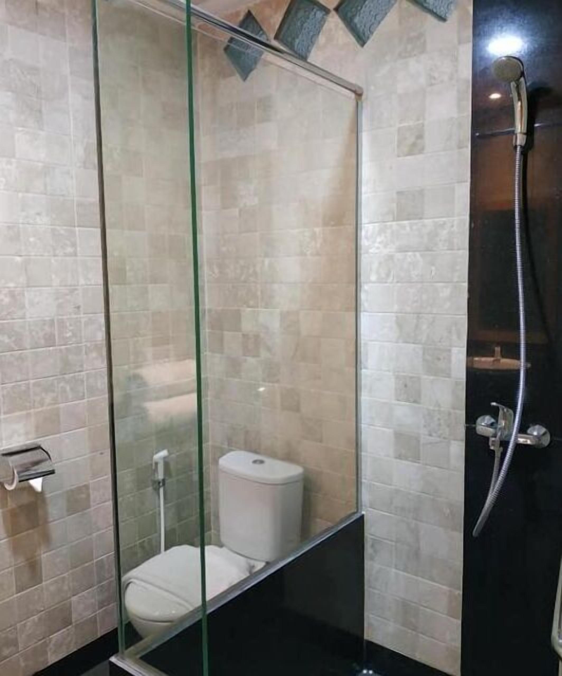 A glass-enclosed shower stall with a toilet inside, tiled walls, and a handheld showerhead.