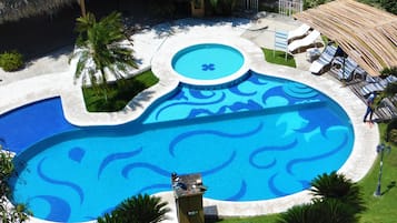 Outdoor pool, pool umbrellas, pool loungers