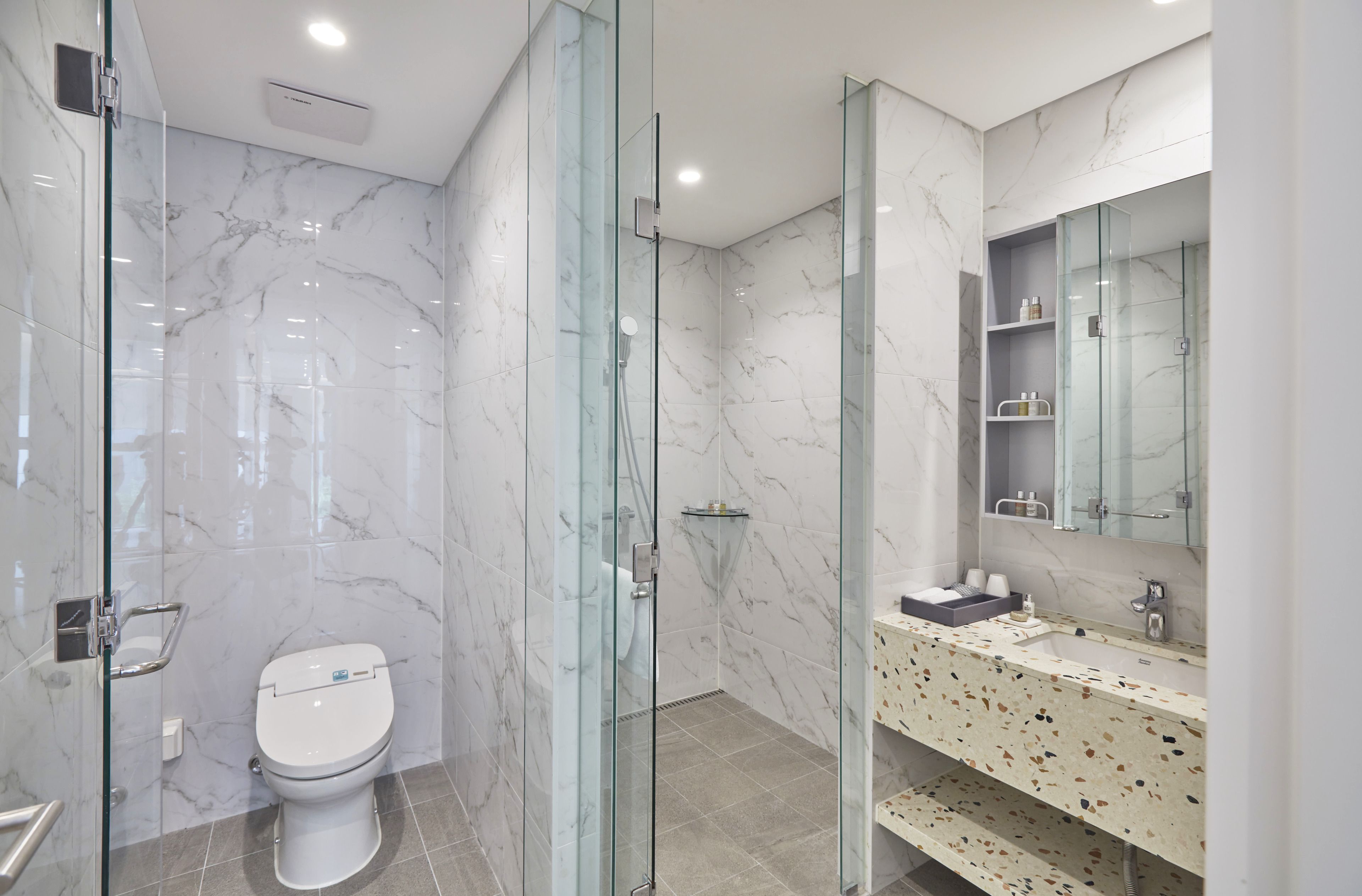 A modern bathroom with a glass-enclosed shower, a marble-tiled wall, a white toilet, and a countertop with a sink and mirror.