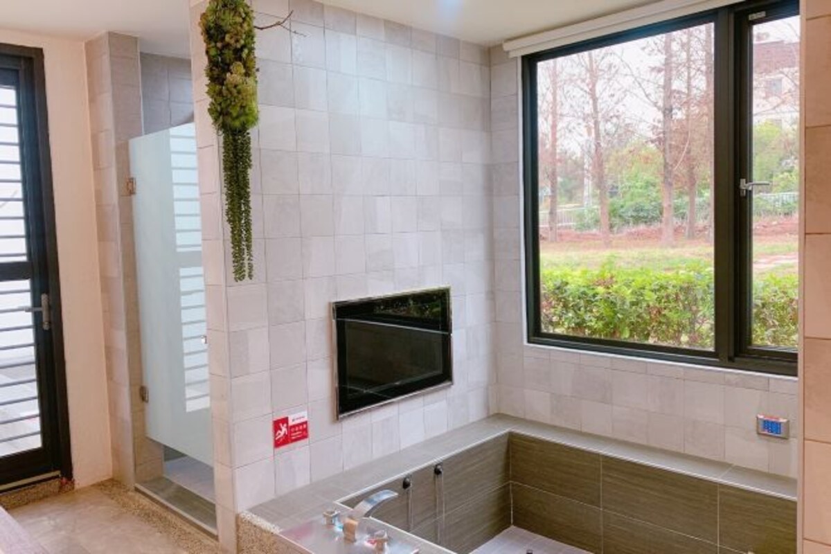 A modern bathroom with a large window, a built-in TV, and a hanging plant.