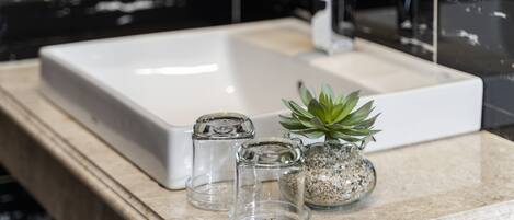 Une salle de bain avec un lavabo blanc, un robinet moderne et une petite plante en pot posée sur le comptoir.