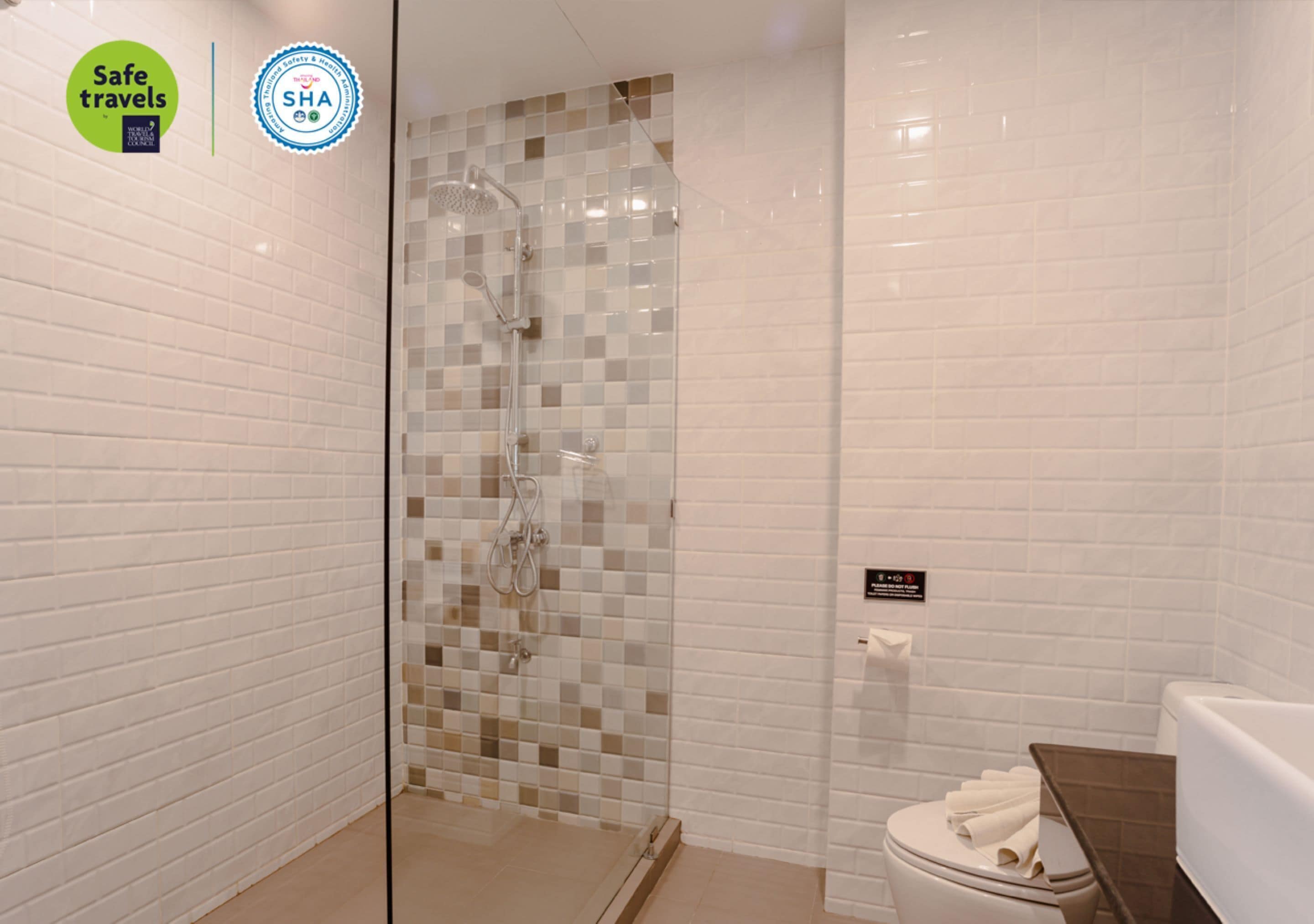 shower, rainfall showerhead, free toiletries, bathrobes