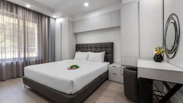 Premier-huoneisto, 2 makuuhuonetta | Minibaari, tallelokero huoneessa, pimennysverhot, silitysrauta/-lauta