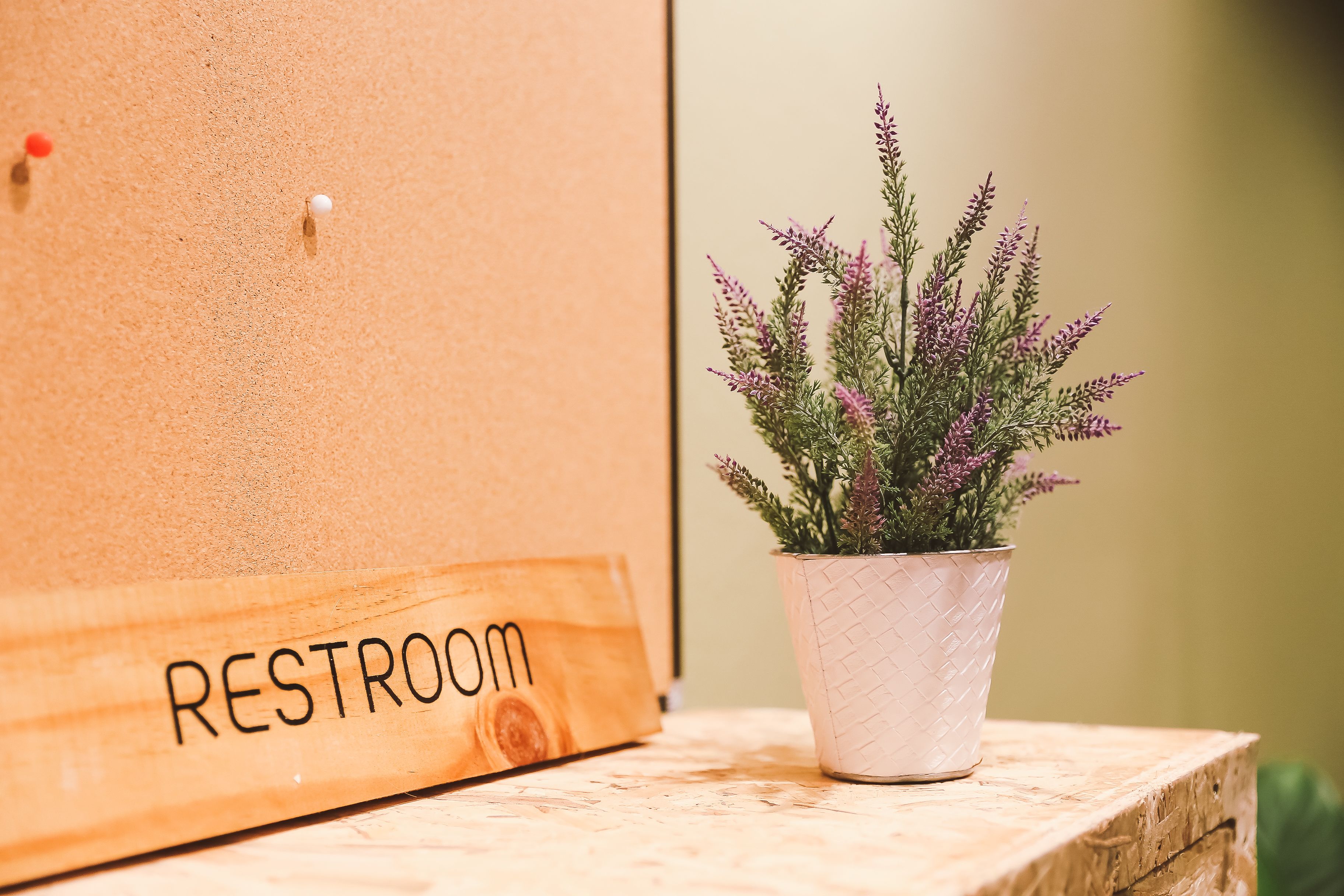 Un letrero de madera con la palabra 'RESTROOM' y una planta en maceta con flores moradas sobre una superficie de madera.