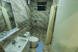 Shower, free toiletries, hair dryer, bidet