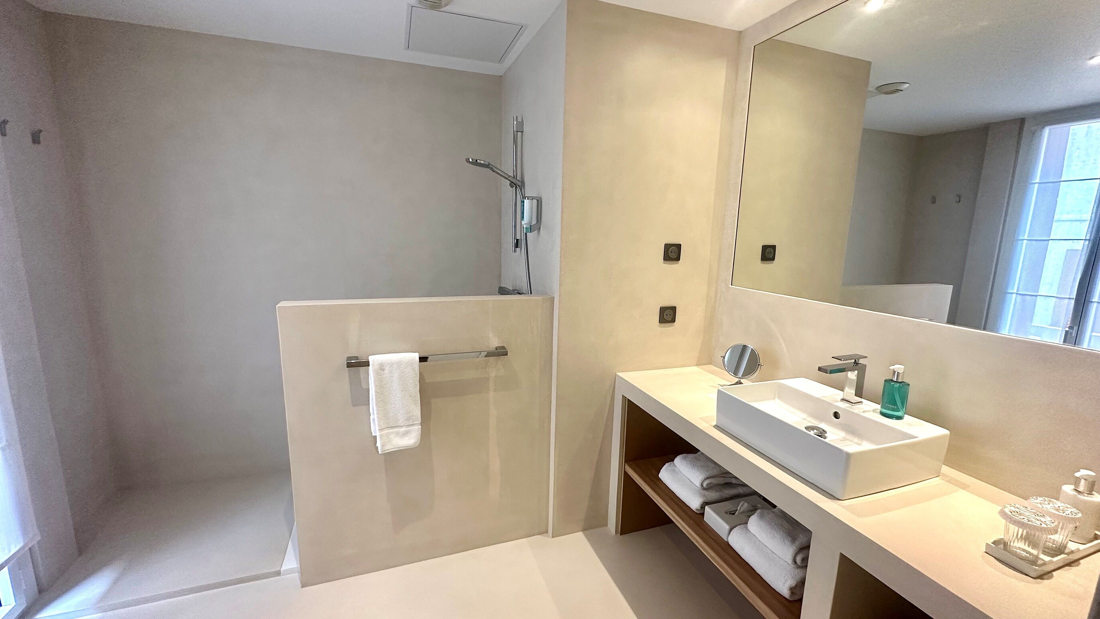 A modern bathroom with a walk-in shower, a large mirror, and a vanity with a sink and toiletries.