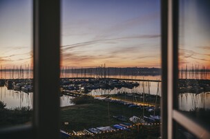Puerto deportivo con barcos amarrados, zona verde y un puente a lo lejos.