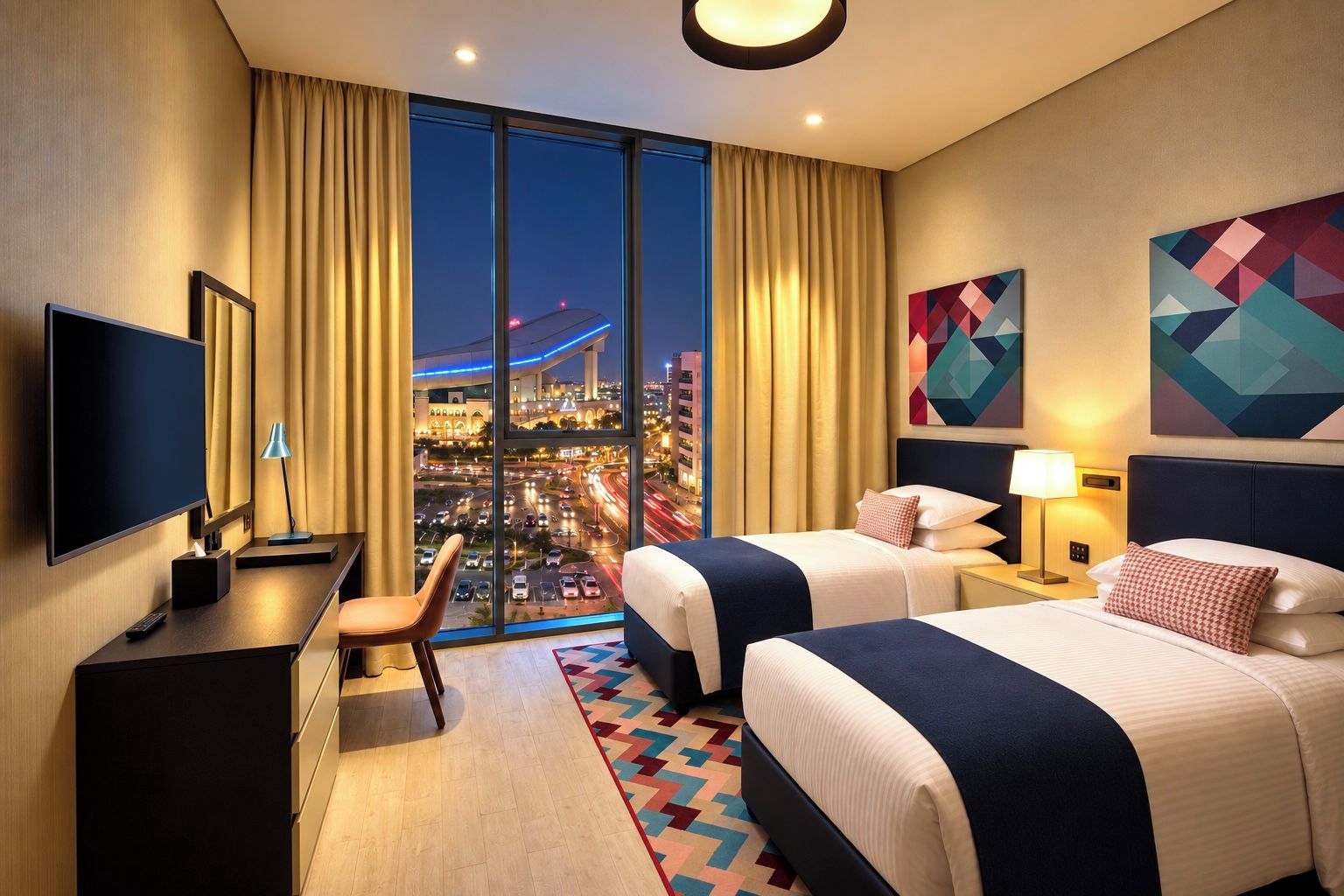 A hotel room with two beds, a desk, a TV, and a large window with a city view.