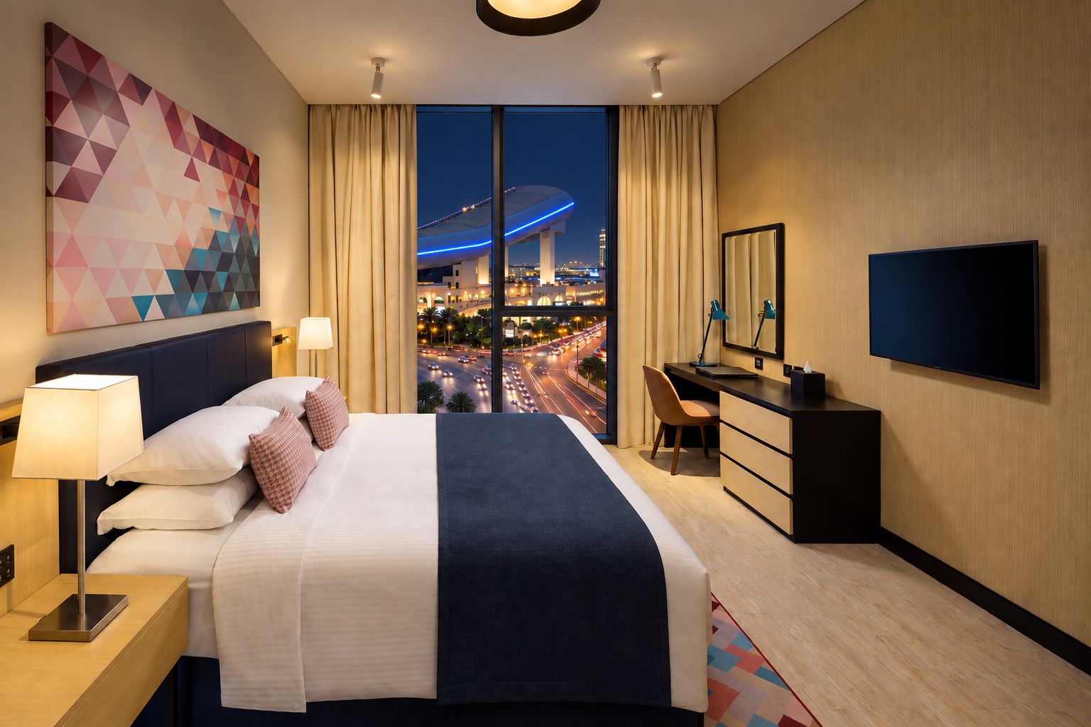 A hotel room with a large bed, a desk, a TV, and a city view.