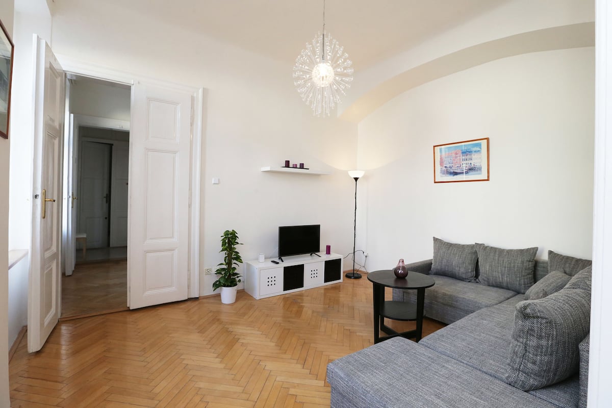 Ein modernes Wohnzimmer mit grauem Sofa, einem Fernseher auf einem weißen Schrank, einer Topfpflanze und einer Pendelleuchte.
